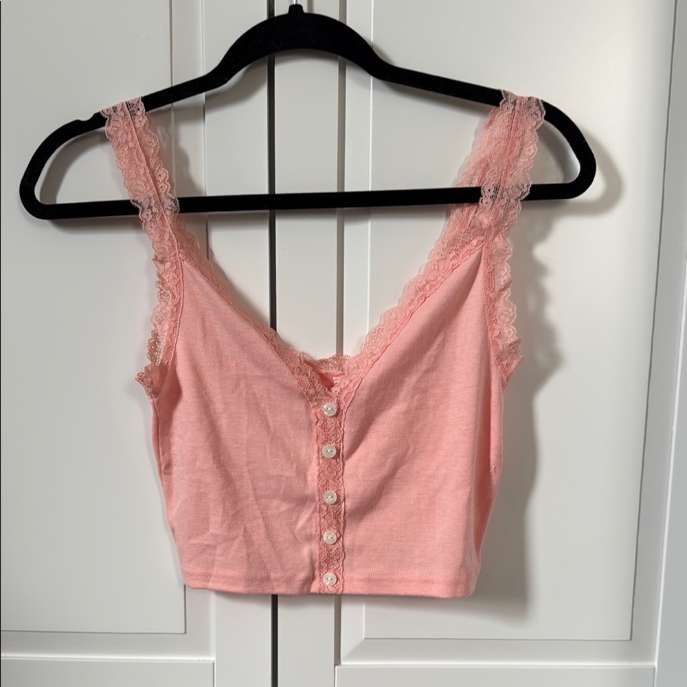 Pink Lace Trim Button-Up Women's Top